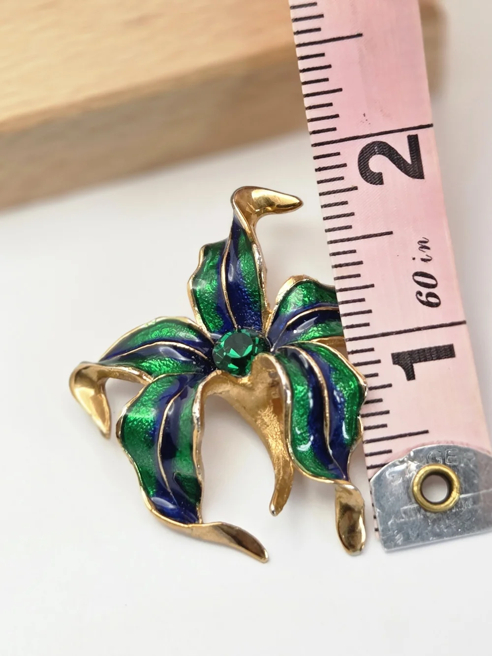 Vintage 3D Enamel Orchid Flower Brooch Blue Green Rhinestone Dimensional Pin